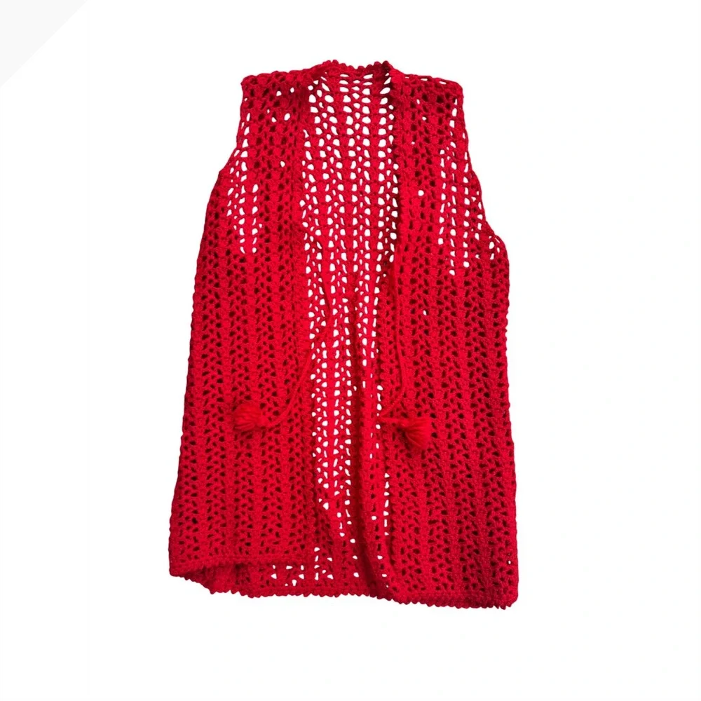 Red Crochet 2 Piece Set Vest and Mini Skirt Boho Festival Summer Outfit Small